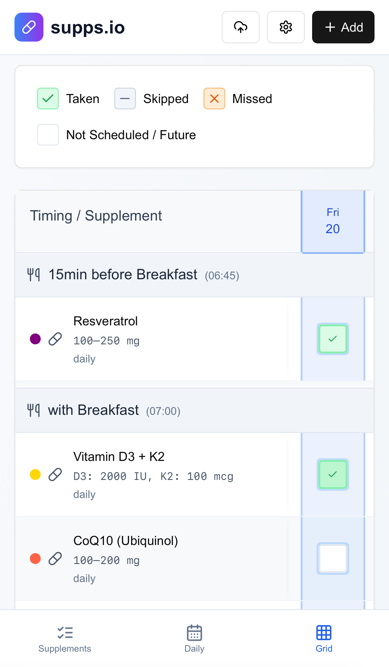 Daily tracking view showing supplements organized by timing with checkboxes