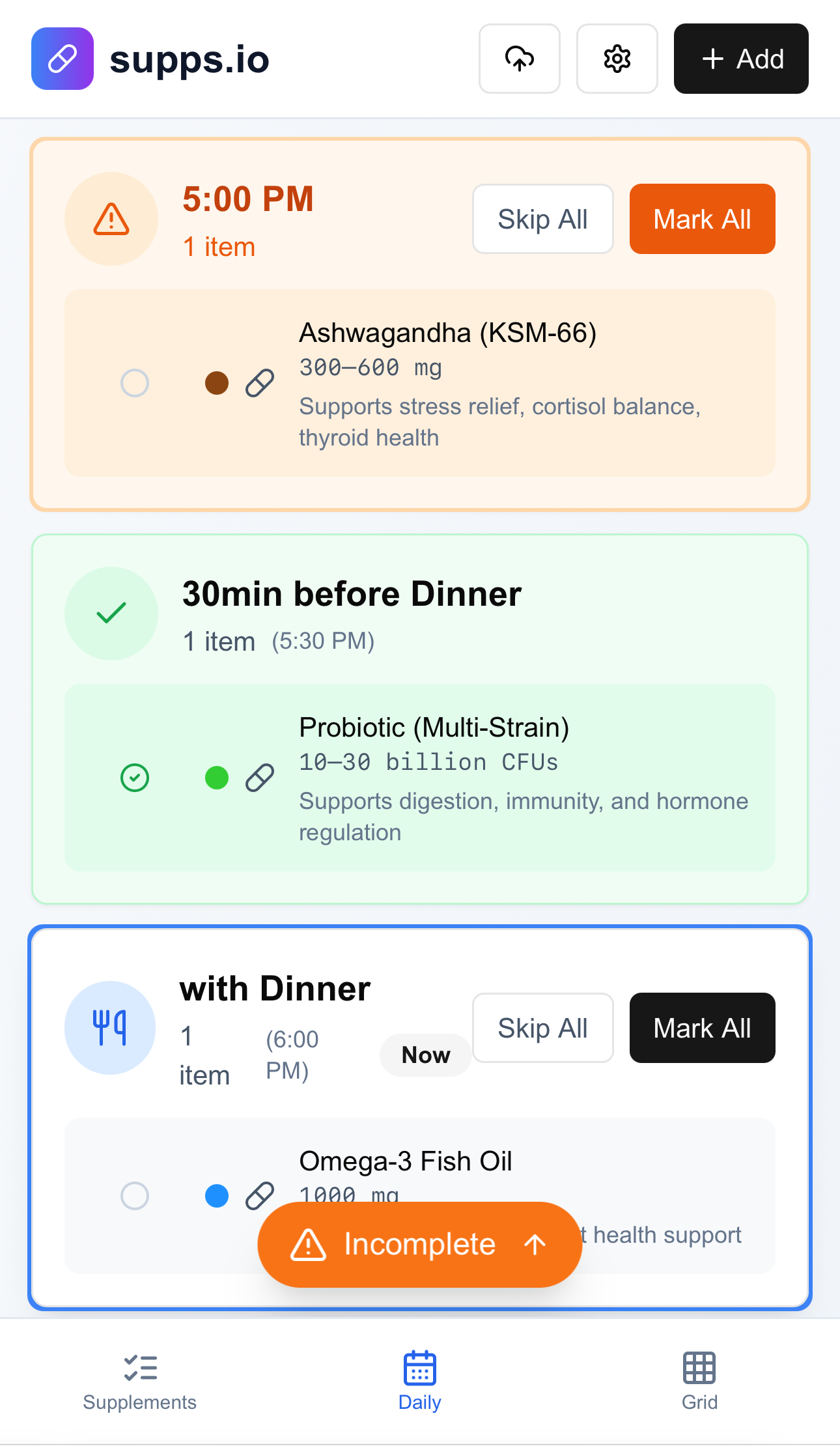 Time-based supplement reminders with skip and mark all options