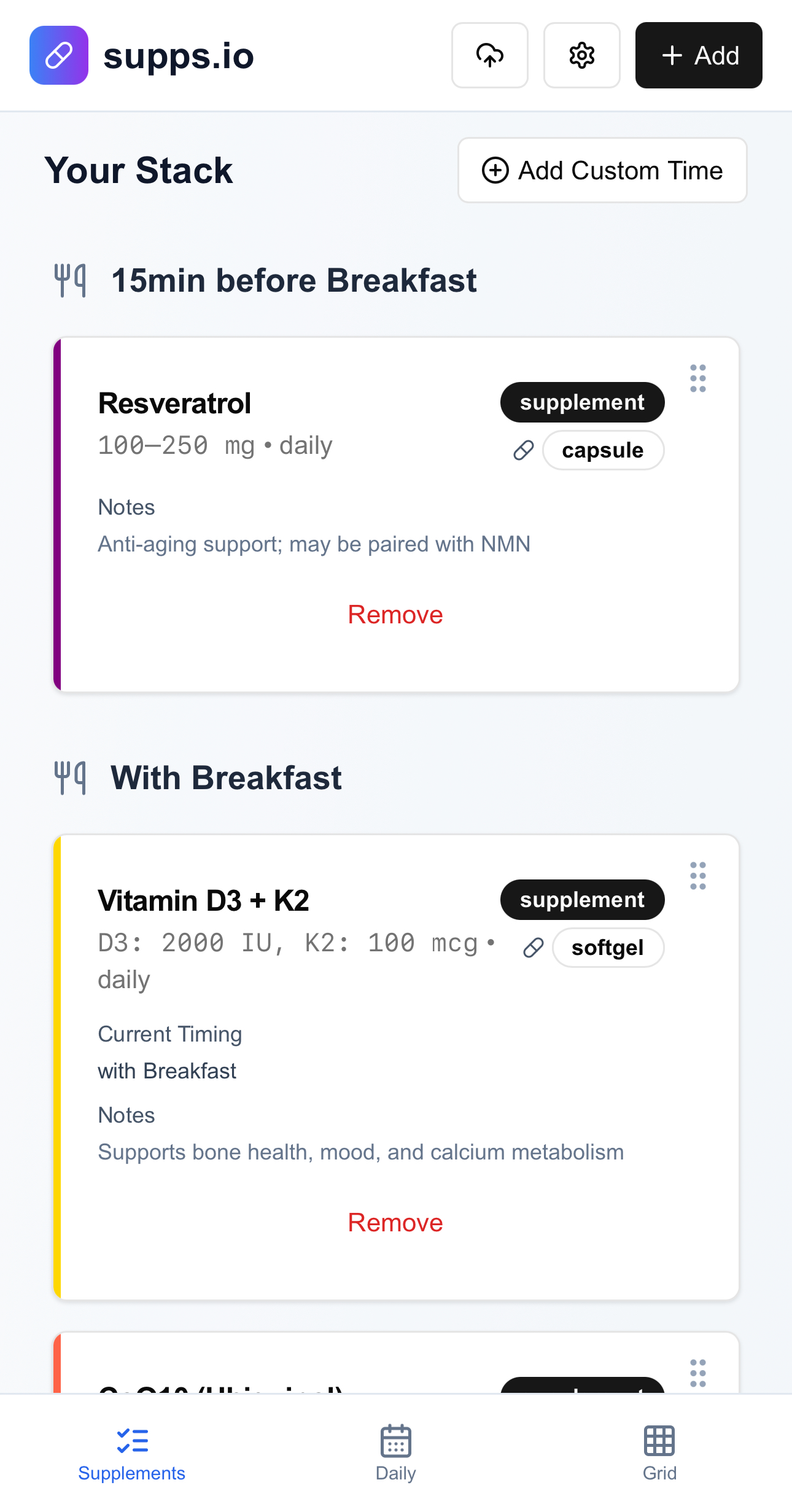 Supplement stack management showing detailed supplement information and notes